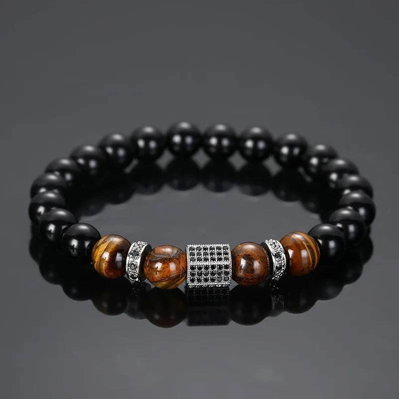 Natural Black Tiger Eye Stone Bead Beaded Micro Pave Bracelet for men